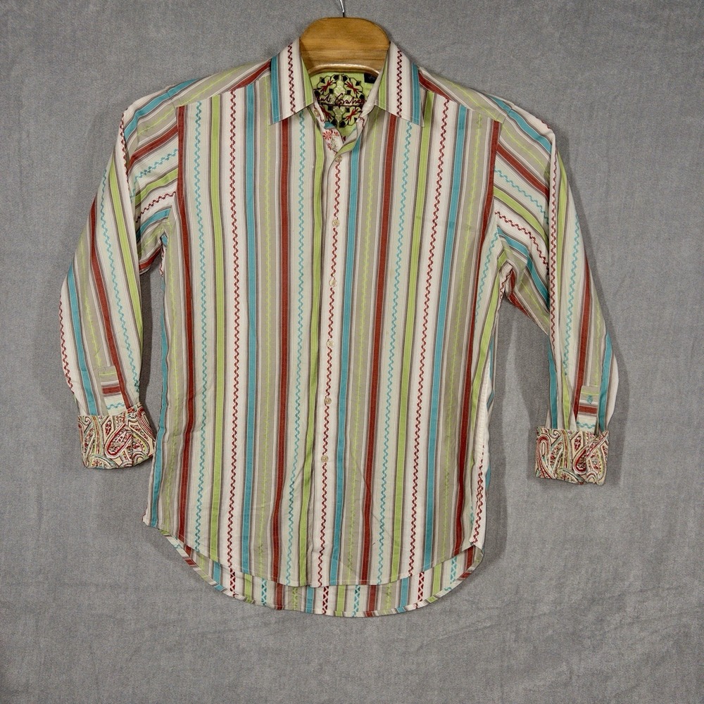 Robert Graham Flip Cuff Striped Button Up Short Mens Medium Golf Preppy Office